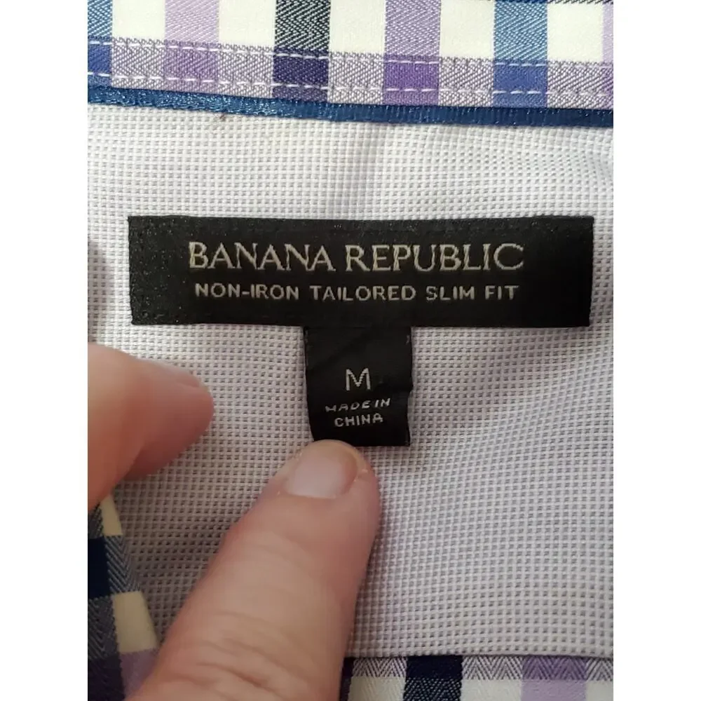 Banana Republic Non Iron Tailored Slim Fit Shirt Mens M Purple Blue Plaid Button